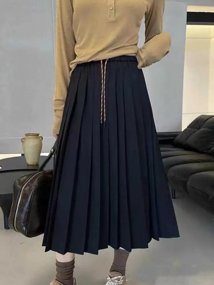 Autumn Women's Solid Color High Waist Pleated A Line Long Skirt Korean Fashion College Style Drawstring Lace-up Skirt 2024 Trend.