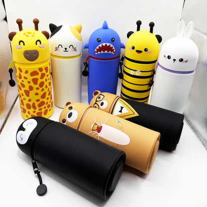Niedliches Tier-Federmäppchen, 2-in-1-Federmäppchen mit Reißverschluss-Stifthalter, weiches Silikon-Federmäppchen, geeignet für das Schulbüro.