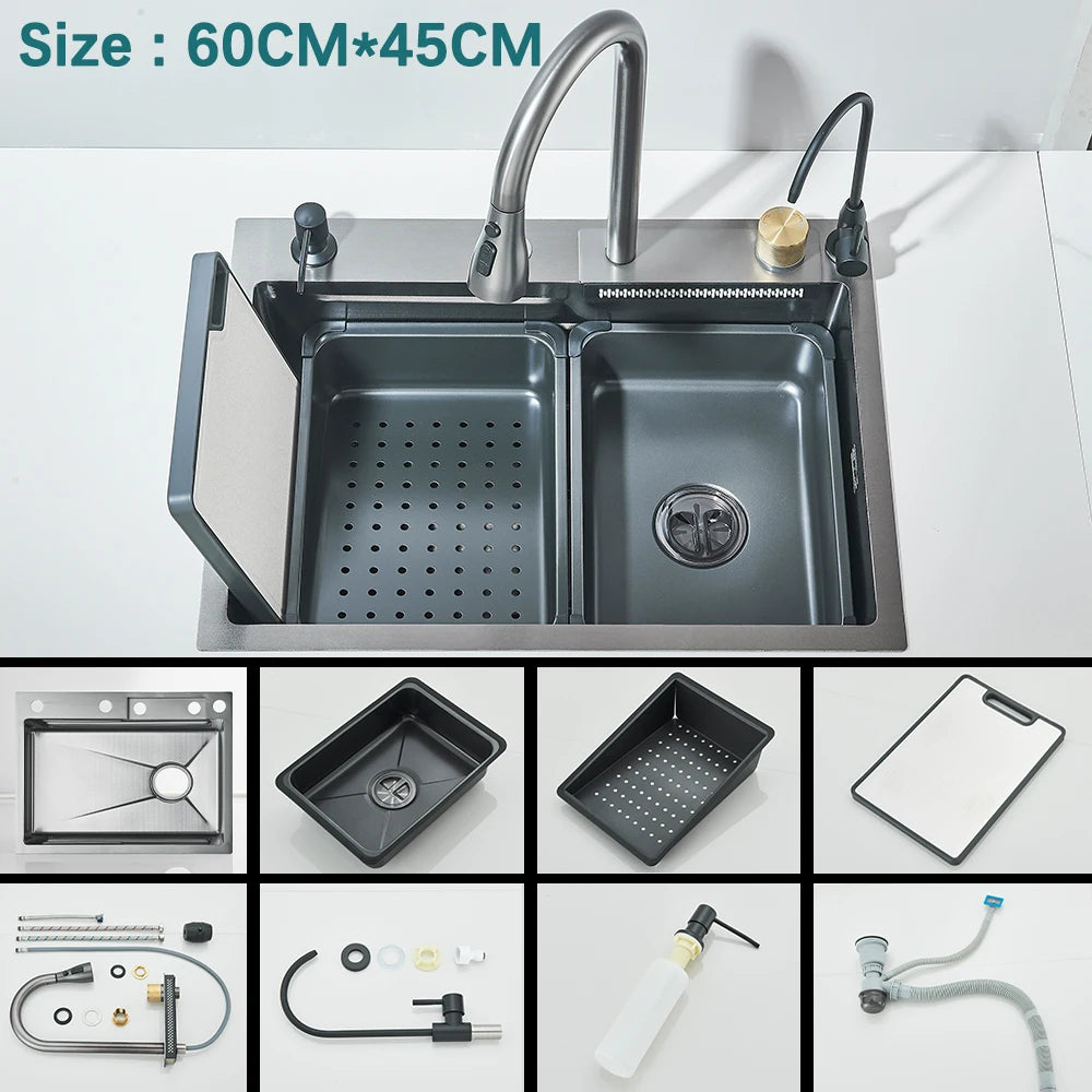 304 Stainless Steel Waterfall Kitchen Sink Large Single Slot with Chopping Board Cup Washer