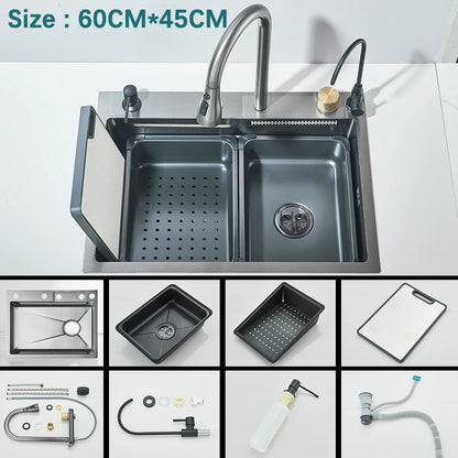 304 Stainless Steel Waterfall Kitchen Sink Large Single Slot with Chopping Board Cup Washer