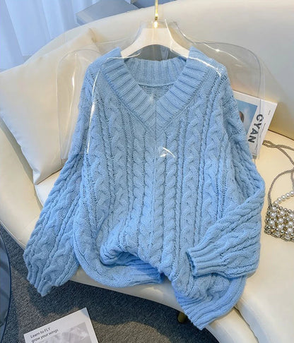 MEXZT Harajuku Pullover Frauen Mode Übergroßen Rosa V-ausschnitt Gestrickte Pullover Koreanische Langarm Strickwaren Winter Casual Jumper.