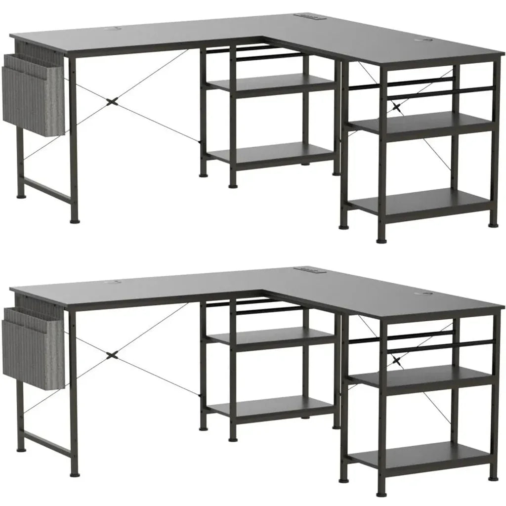L-förmiger Schreibtisch Computertisch mit Regal, großer Arbeitsplatz, Home Office Gaming Tisch, höhenverstellbar, Schwarz