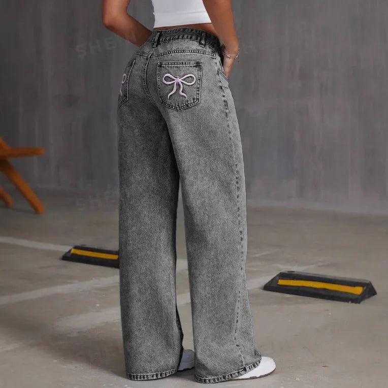 Women Wide Leg Boyfriend Jeans Straight Hip Hop Bow Embroidery Denim Pants Low Waist Baggy Jeans Casual Loose Jeans Streetwear.