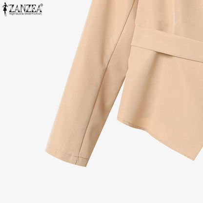 ZANZEA Elegant 2 Pieces Pant Sets Long Sleeve Belted Lightweight Blazer & Wide Leg Pant 2pcs Suits Office Lady Commuting Sets.