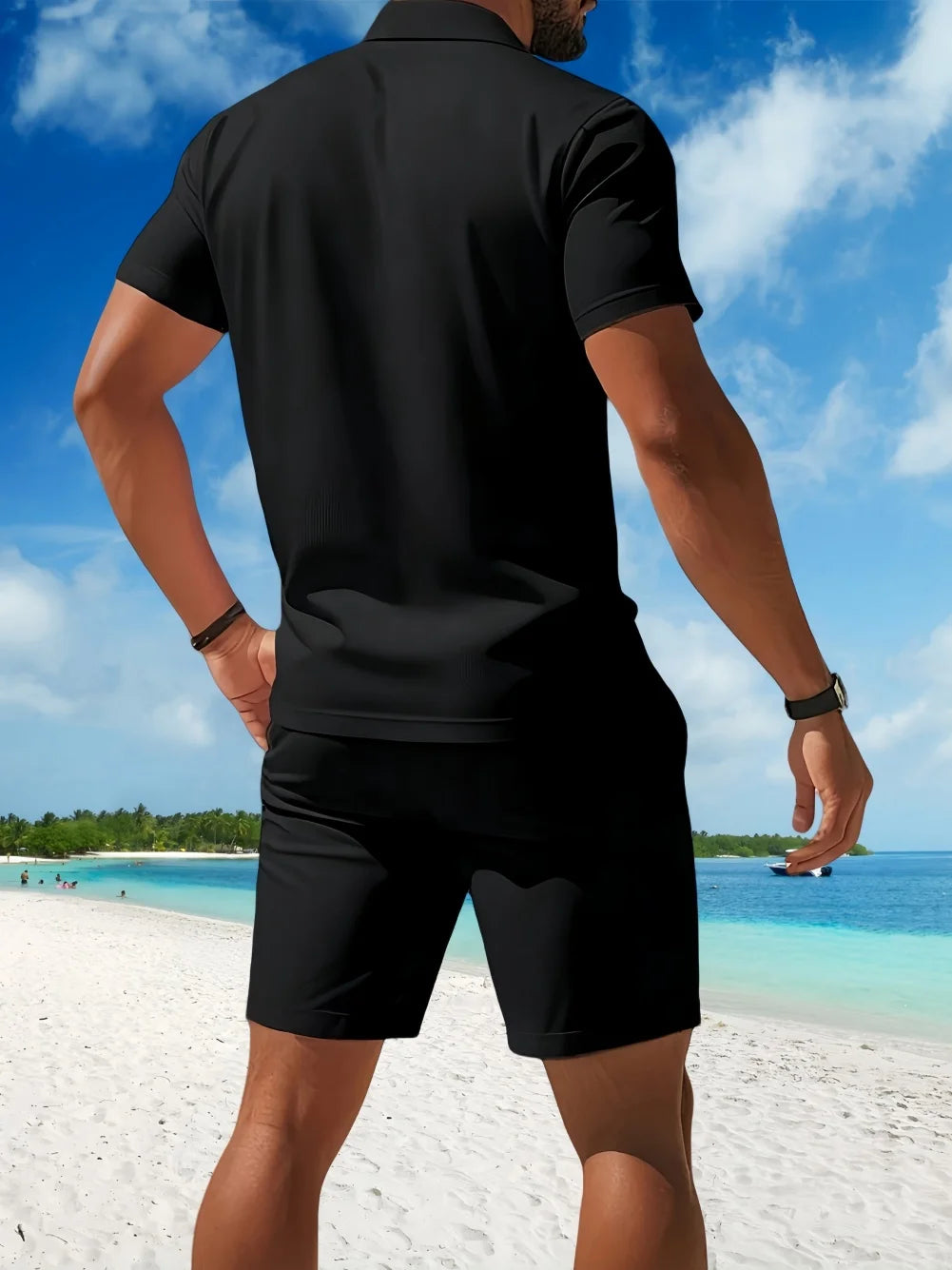 2025 Men's casual sports mesh set, summer T-shirt fashionable, comfortable and breathable lapel beach two-piece set.