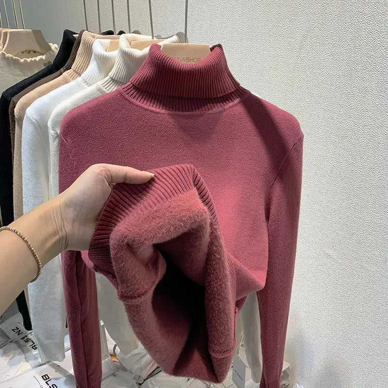 2025 neue Verdicken Hohe Kragen Pullover frauen Pullover Top Winter Warme und Weiche Einfarbig Inneren Tragen Bodenbildung Shirt.