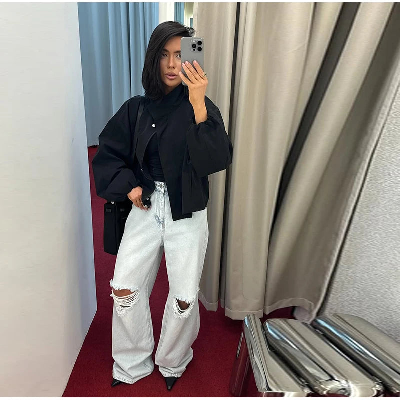 Straße Solide Zipper Dünne Jacke Frauen Stehen Kragen Volle Hülse Kordelzug Straße Jacken 2025, Herbst Dame Casual Outwears Neue.