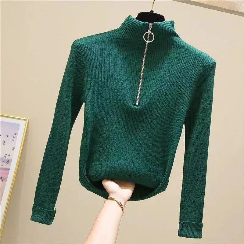 Frauen Fashion Solid Strick Pullover Vintage Langarm Zip-up Grundlegende Hälfte Rollkragenpullover Weibliche Pullover Chic Casual Tops