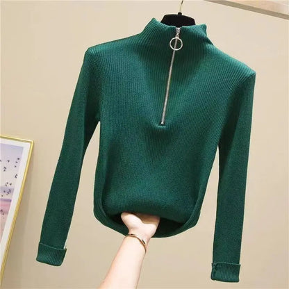 Frauen Fashion Solid Strick Pullover Vintage Langarm Zip-up Grundlegende Hälfte Rollkragenpullover Weibliche Pullover Chic Casual Tops