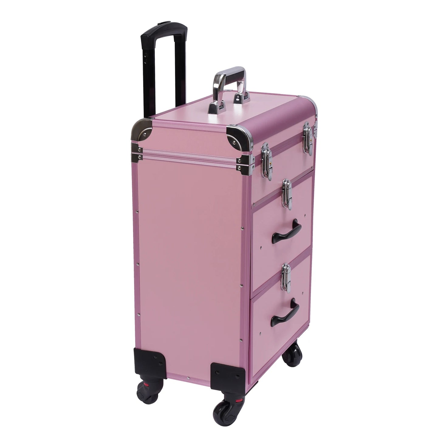 3 in 1 Rolling Makeup Case with Drawer, Large Makeup Case Organizers, Profesional Cosmetic Case for Salon Barber, Light Pink.