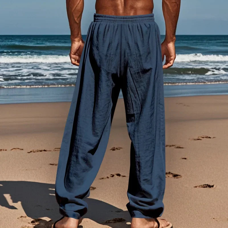 Frühling Sommer Dünne männer Casual Leinen Hosen Strand Stil Kordelzug Gerade Bein Lange Hosen Hochwertige Bequeme Passform.