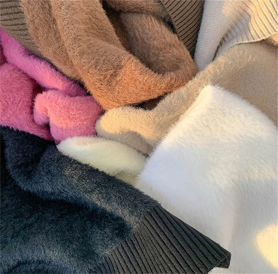 Rosa Pullover Frauen Winter Dicke Warme Stricken Pullover Schlank Plüsch Samt Gefüttert Strickwaren Jumper Langarm Tops Oansatz Poleras Mujer.