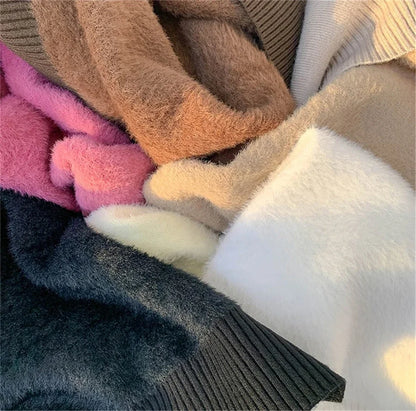 Rosa Pullover Frauen Winter Dicke Warme Stricken Pullover Schlank Plüsch Samt Gefüttert Strickwaren Jumper Langarm Tops Oansatz Poleras Mujer.