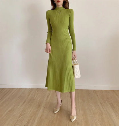 Herbst Winter schlankes Langarm Party Midi Kleid für Frauen gestrickt halbhohen Kragen elegante Strick pullover Kleider Damen.