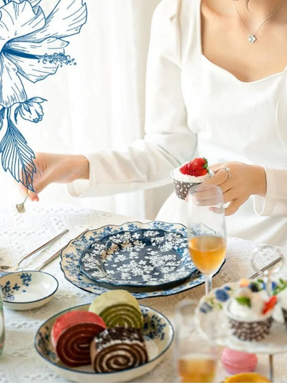 Chinese Style Ceramic Bowls Plates Retro Tableware Ramen Bowl Steak Dish Dessert Salad Plate Party Household Dinnerware Decor.