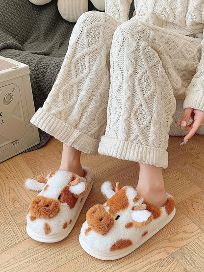 Shevalues Plush Cartoon Milk Cow Slippers Winter Women Slippers Furry Non-Slips Women Cotton Slides Couples Soft Cozy Flat Shoes