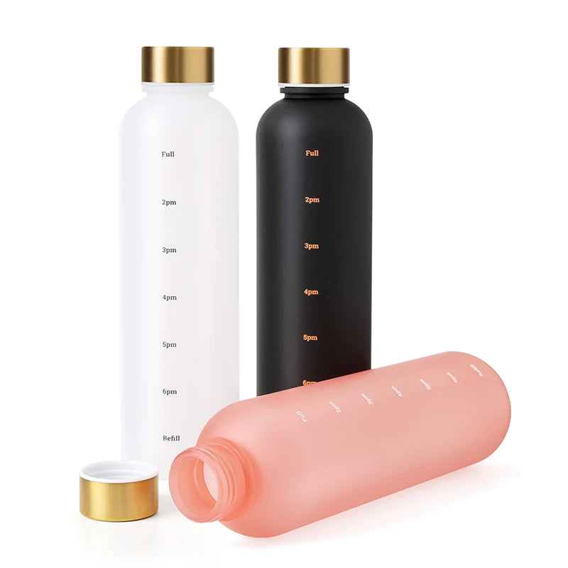 1L Bottle With Time Marker 32 OZ Motivational Reusable Fitness Sports Outdoors Travel Leakproof BPA Free Frosted Plastic.