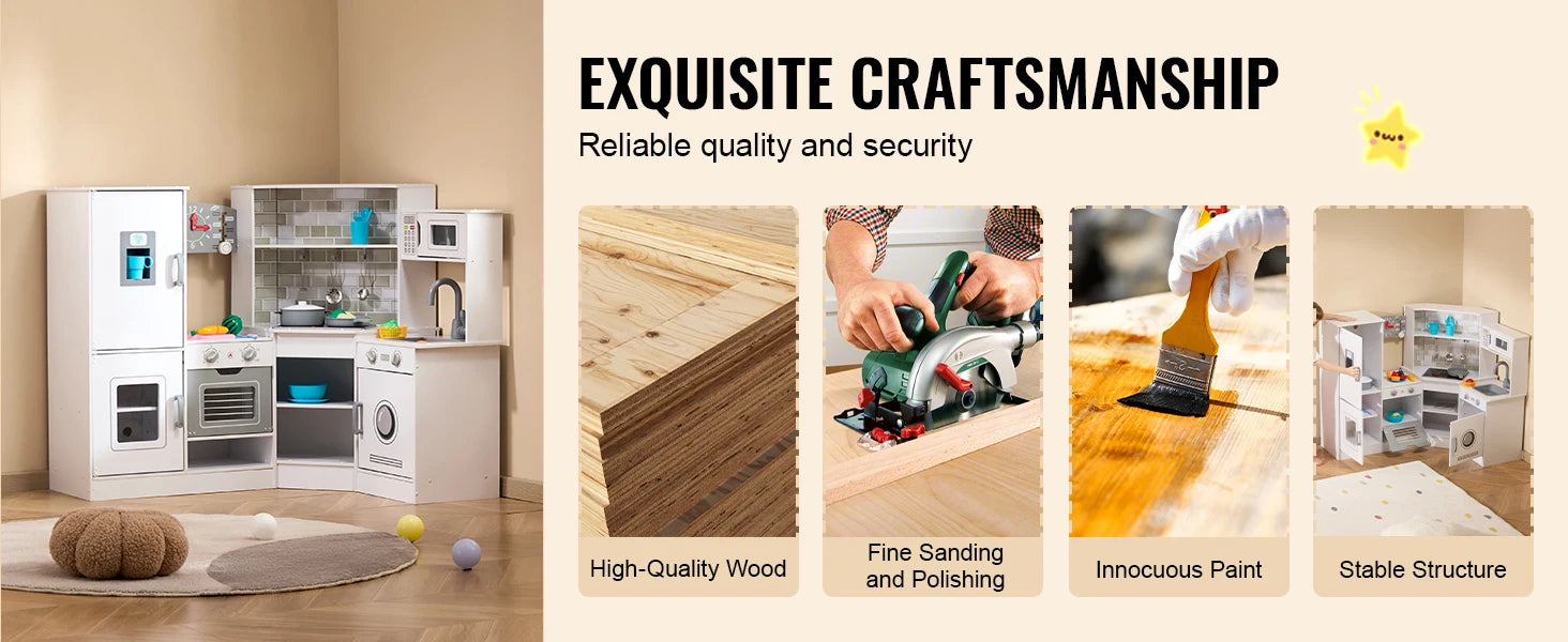 SucceBuy Corner Wooden Play KitchenToys Set Children Kitchenware toys with Lights & Sounds for Kids Preschoolers Girls Gifts.