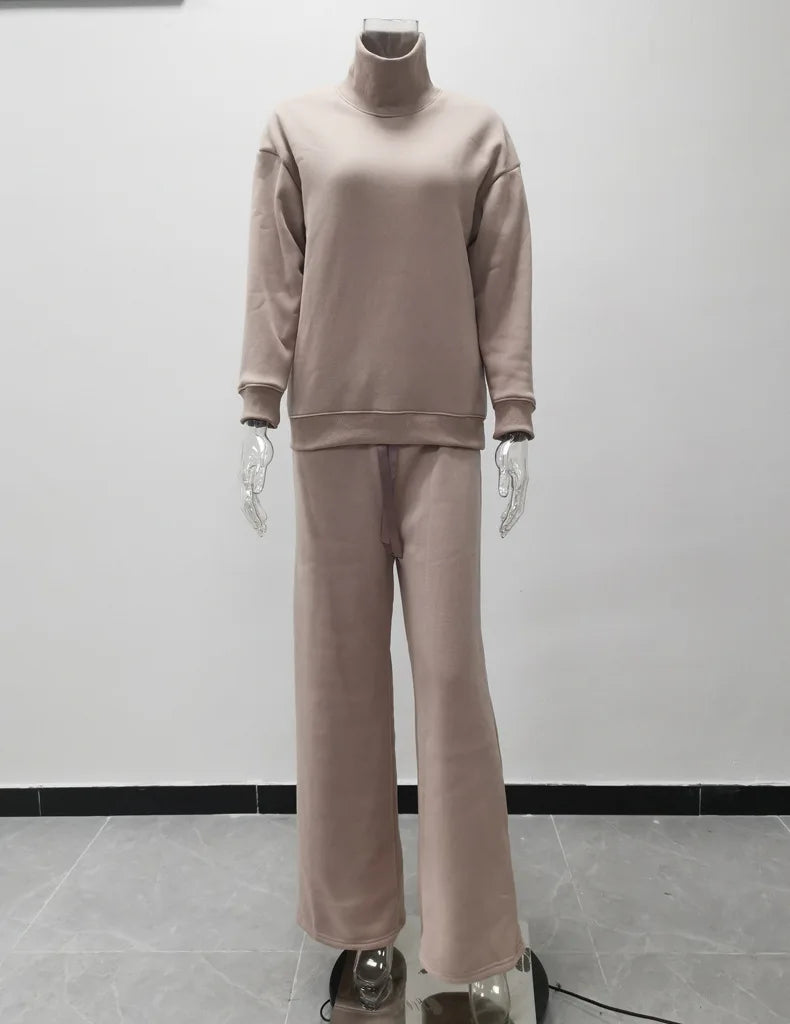 Women Tracksuit Two Pieces Set Long Sleeve Turtleneck Pullover Solid Color Hoodies Wide Leg Pants Drawstring Autumn Casual 2023.