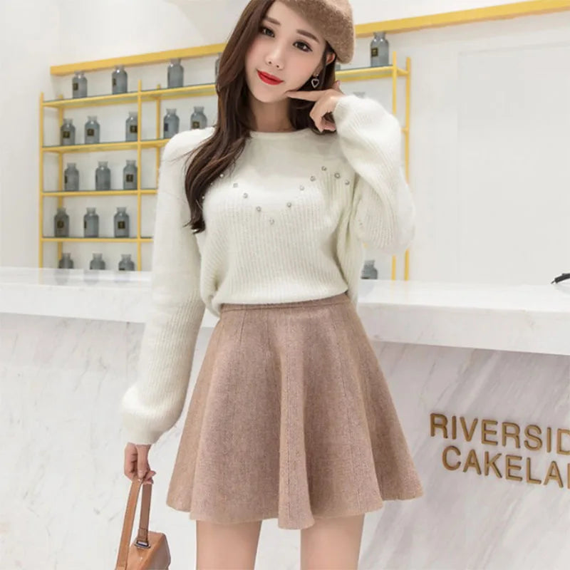 Solid Color Basic Knitted Mini Skirts Women New Autumn Winter Elastic Waist A-Line Skirts Ladies Korean All Match Pleated Skirt.