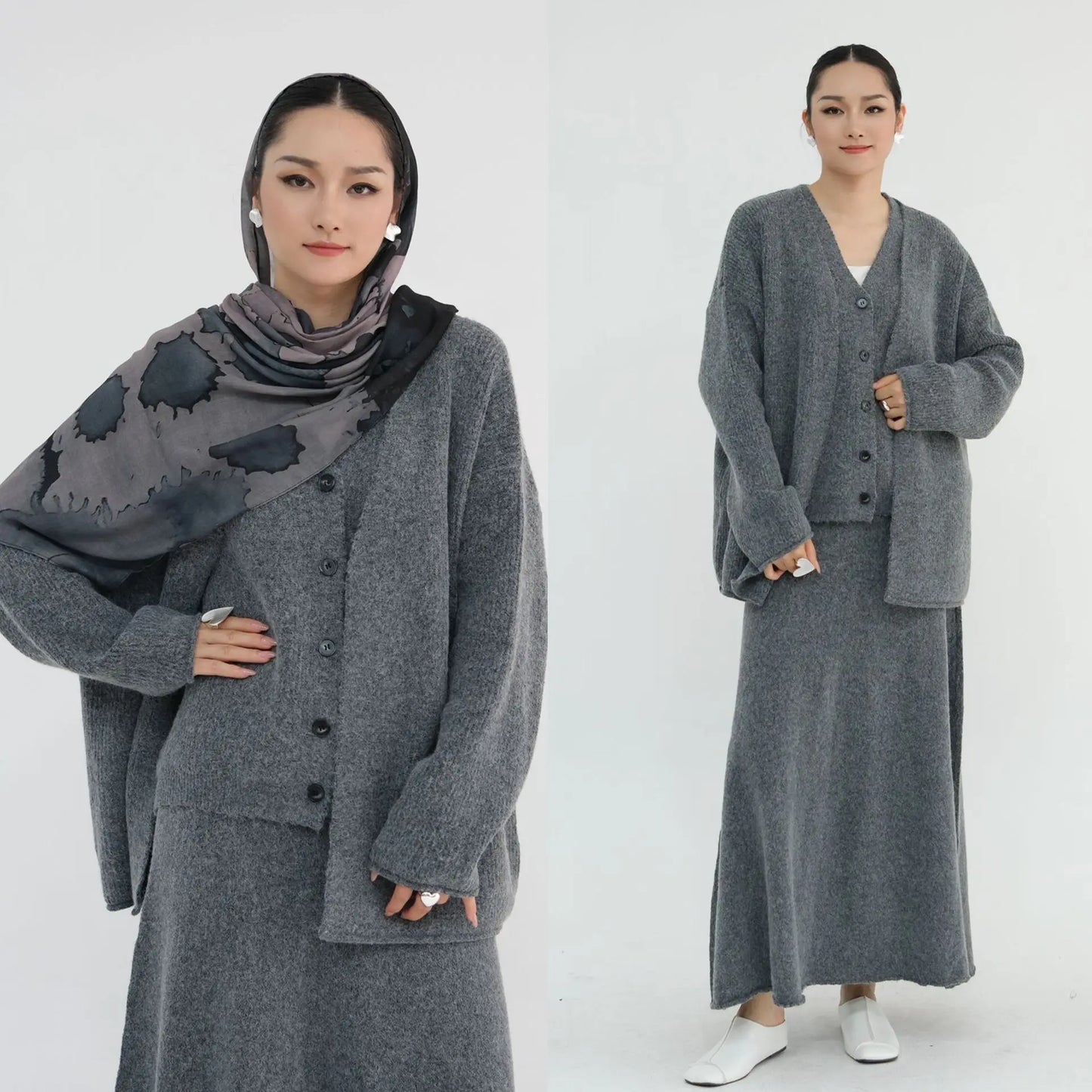 Winter Knitted Wool Cotton 3 Piece Abaya Set + Hijab Daily Thick Warm Modest Muslim Women Islamic Wholesale Suit Abaya