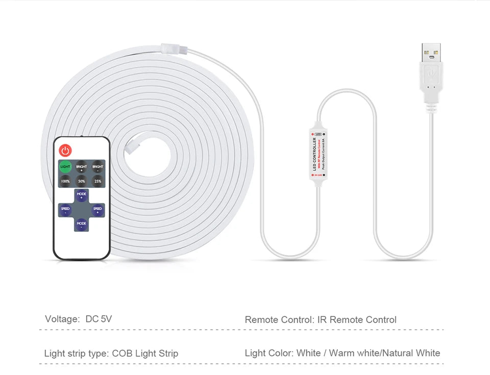 RF Remote Control Dimmable COB LED Neon Lights Strip Silica Tube Waterproof USB Lamp 1m 2m 3m 5m Night Lighting Excluded battery.