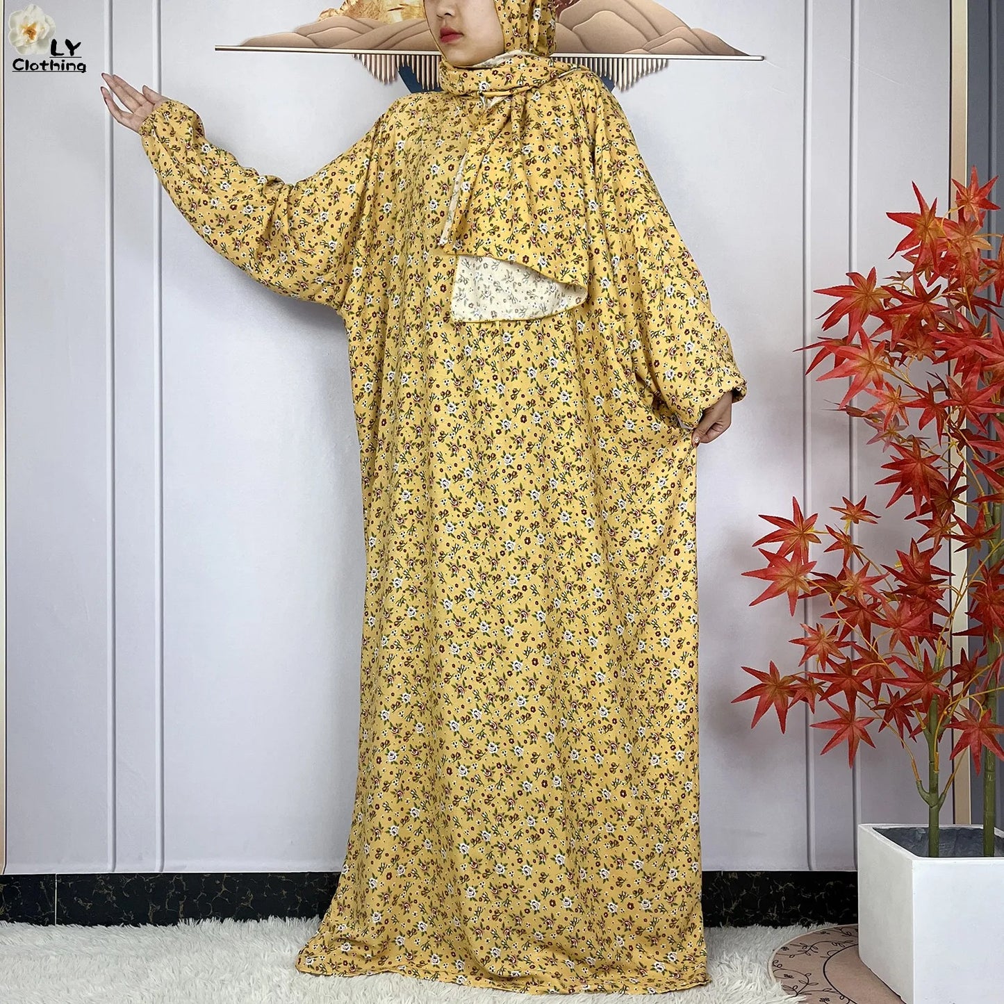 New Muslim Long Sleeved Cotton For Women Ramadan Prayer Turkey Middle East Femme Robe Floral Loose African Abaya Dress Scarfs