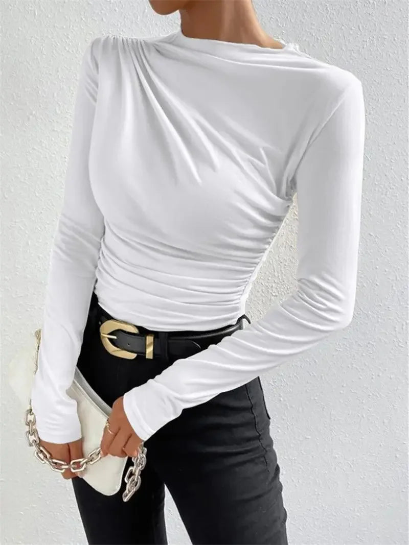 Slim Fit Long Sleeve Women's T-shirt Pure Color Design Pleated Detail Base Shirt Ladies Top Quality Material Comfortable Wear.