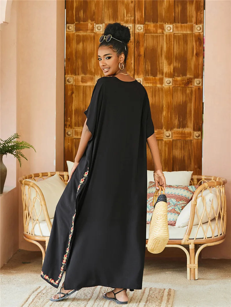 Women Embroidered Kaftan Dress Caftan Loungewear Long Bathing Suit Cover Up Beach Wear Vacation Outfit Loose Summer Women's Robe.