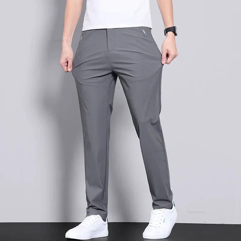 Ultra-thin Elastic Men's Casual Trousers Summer Quick-drying Ice Silk Slim Straight Business Solid Color Trousers Black Gray.