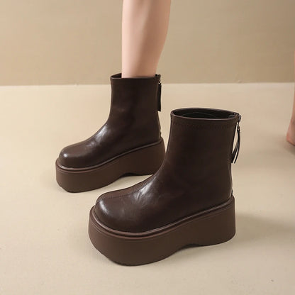 Autumn Winter Chunky Heel Women Short Boots Vintage Round Toe Platform Shoes Ladies Short Plush Gothic Ankle Booties.