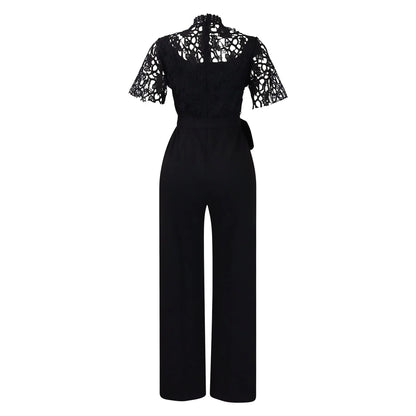 Elegant Jumpsuits & Rompers for Women O Neck Lace Patchwork Short Sleeve Sashes High Waisted Luxury Birthday Party Dinner Outfit