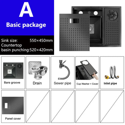 Hidden Cup Washer kitchen Sink Stainless Steel Small Bar Single Slot Washbasin Multifunctional With Cover Plate Dishwashing Pool