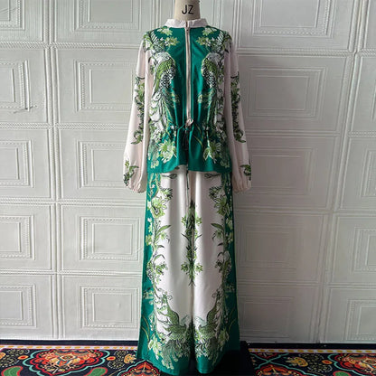 Summer Fashion Print Women's 2-piece Set Flower Zipper Baseball Uniform Drawstring Trousers Two-piece Outfit Elegant Office Suit.