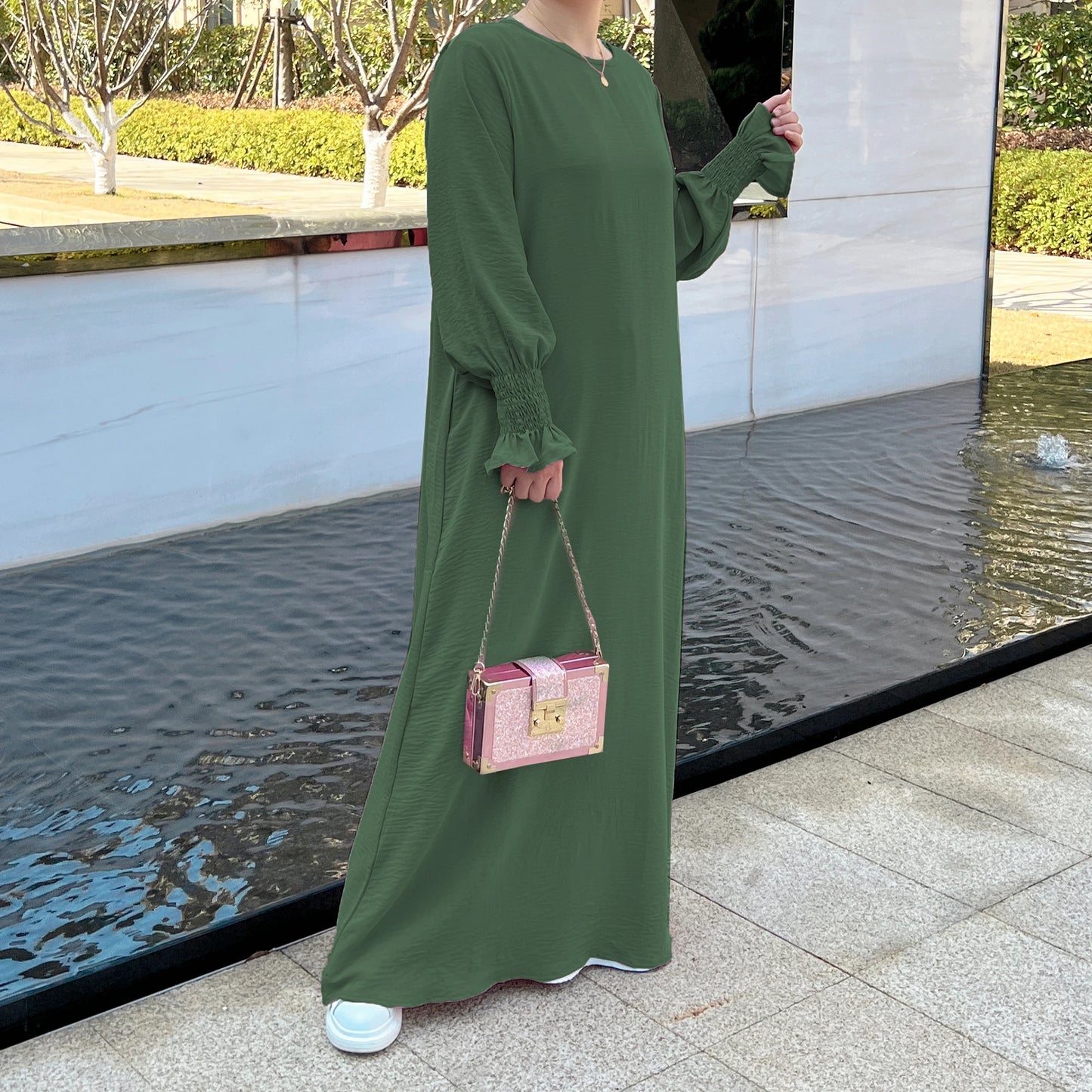 Ramadan Solid Crew Neck Shirred Cuff Abaya, Elegant Long Sleeve Simple Maxi Dress, Women's Clothing Kebaya Kaftan.