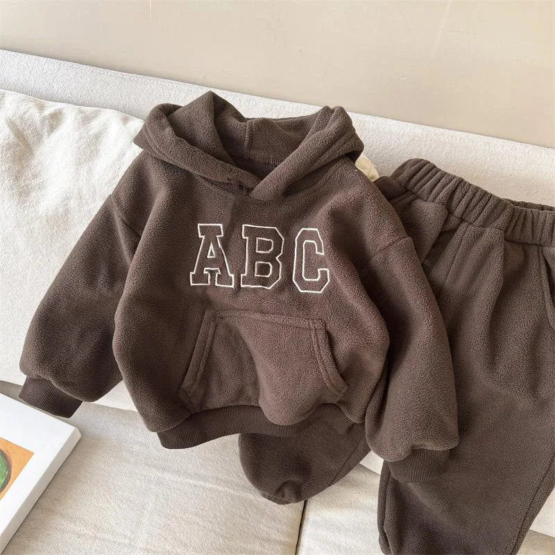 2025 Autumn Winter Boys Clothing Set Double-Sided Velvet Letter Print Thick Hoodies+Pants 2Pcs Suit For 1-8Y Girls Warm Outfit.