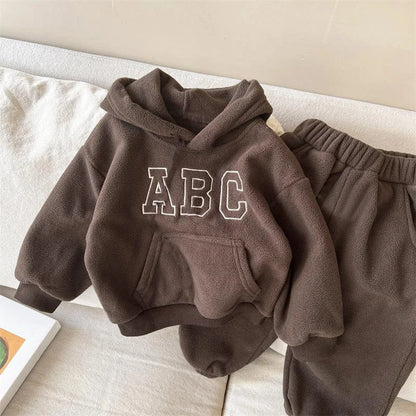 2025 Autumn Winter Boys Clothing Set Double-Sided Velvet Letter Print Thick Hoodies+Pants 2Pcs Suit For 1-8Y Girls Warm Outfit.