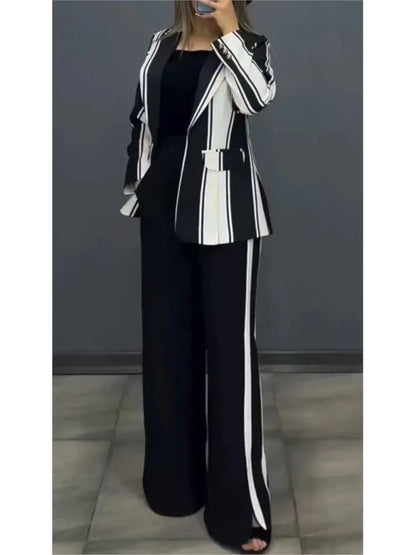 Women Striped Print Suits+pants Two Piece Sets Autumn Winter Casual Wide Leg Pants Sets Office Ladies Elegant Coats Outfits.