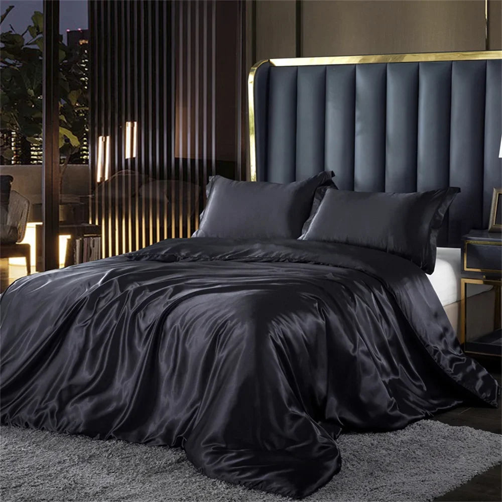 Solid Silk Bedding Set with Duvet Cover Bed Sheet Pillowcases Luxury Satin Single Double Bedsheet King Queen Twin Size.