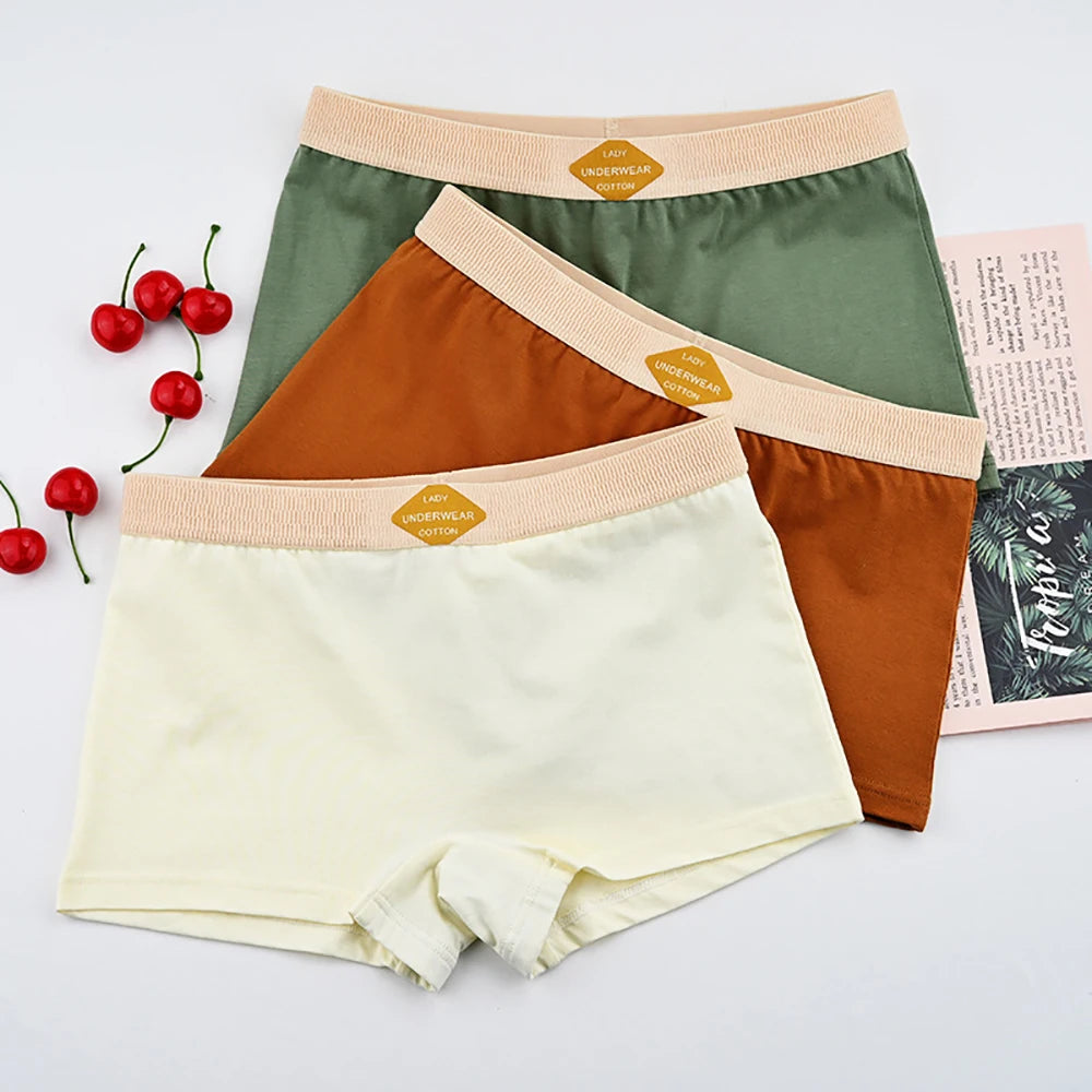 3PCS/Pack 100% Cotton Multicolor Solid Women's Boxer Knit Breathable Panties Underwear Soft High Elastic Mid-rise Thin Boyshorts