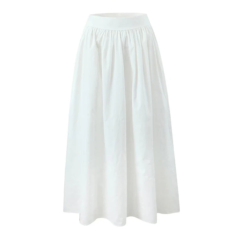 YENKYE 2025 Women Yellow White Cotton Big Swing Long Skirt Vintage High Waist Side Zipper A-line Summer Skirts Holiday.