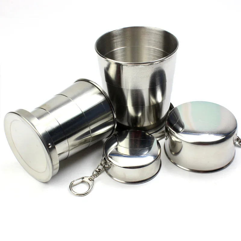 75ml/150ml/250ml Stainless Steel Folding Cup Portable Outdoor Travel Camping Telescopic Cup with Keychain Water Coffee Handcup.