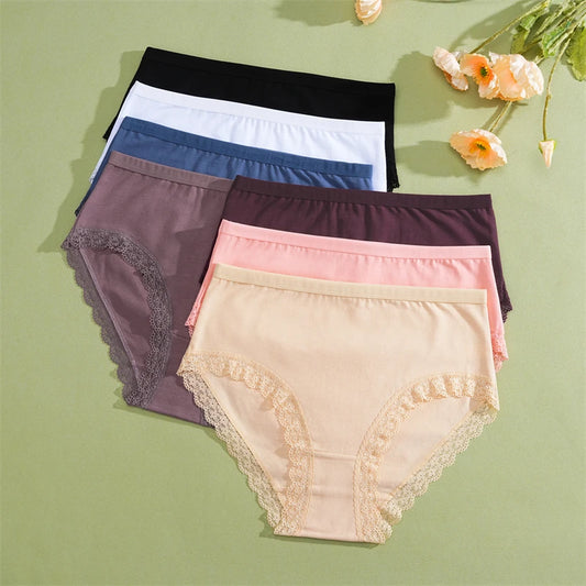 FINETOO 5Pcs Women Cotton Lace Underwear Sexy Seamless Breathable Panties Plus Size Mid-Waist Briefs Female Solid Soft Lingerie.