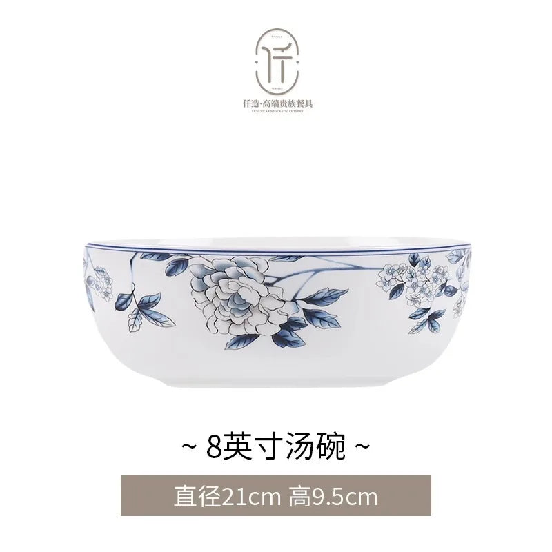Blue Peacock Bone China Dining Plate Blue and White Kitchen Tableware Flower Ceramic Tableware Home Dining Bar Main Course Plate.