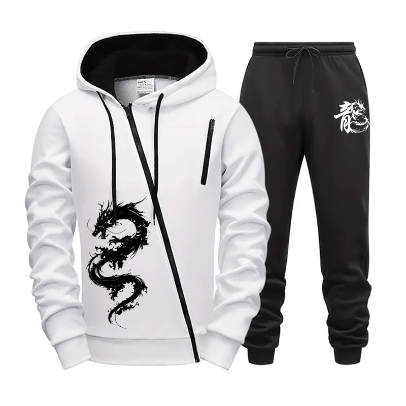 Men's Zipper Hooded Tracksuit Chinese Dragon Print Jacket Sweatpants 2pcs Set Male Outdoor Casual Sports Riding Versatile Outfit.