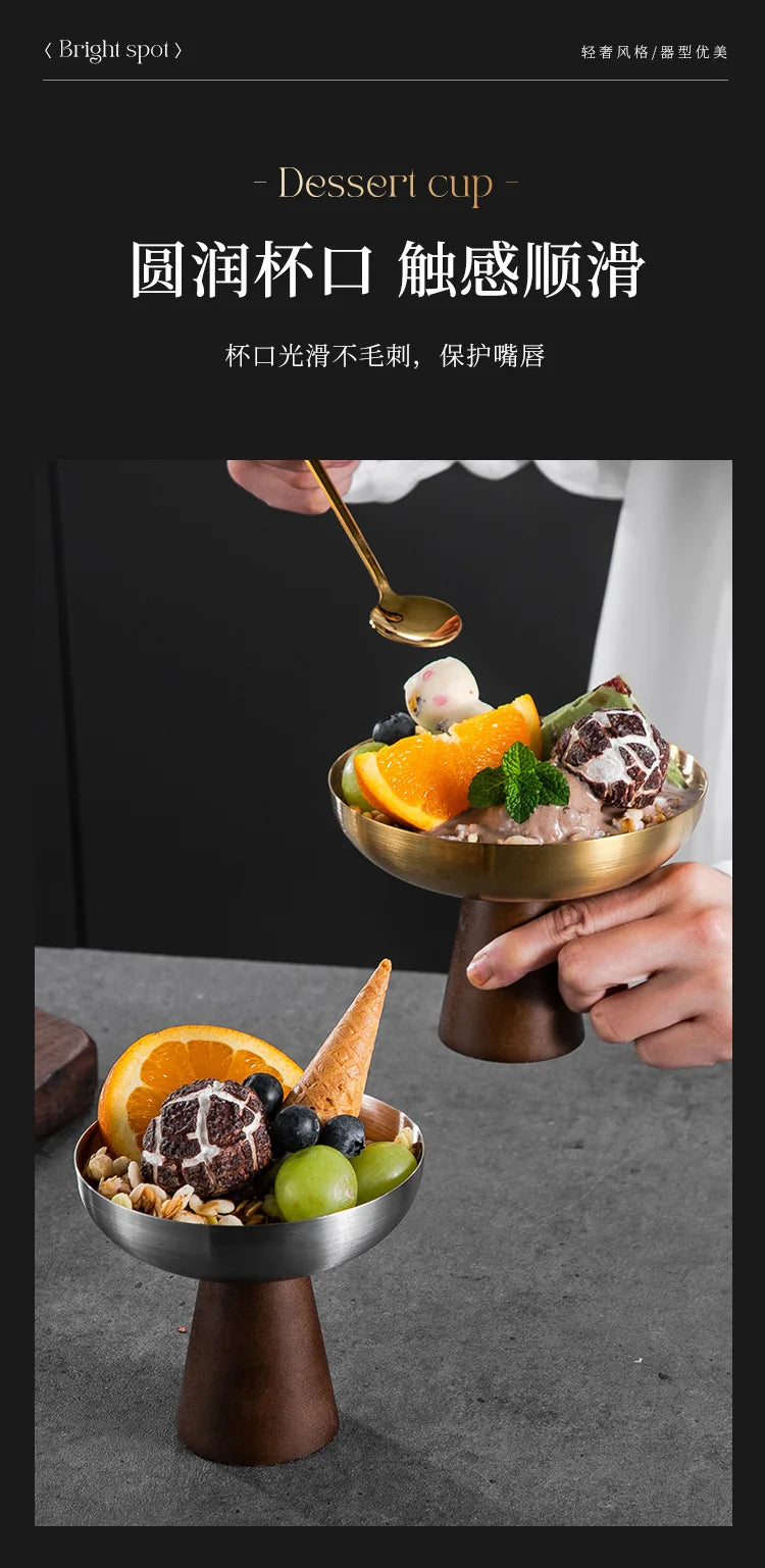 StainlessTea Tray Snack Tray Fruit Tray Salad Tray Steel Wooden Footed Cup High Foot Cup Ice Cream Cup Pudding Cup Dessert Plate.