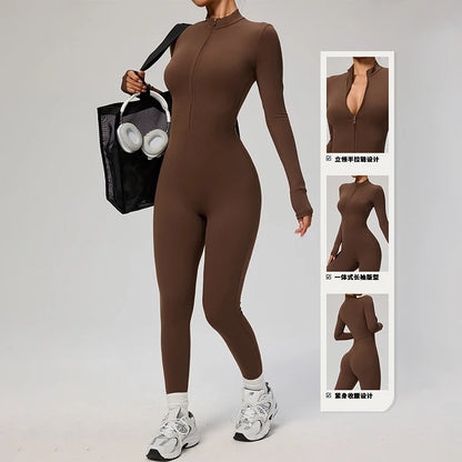 TRY TO BN Sports Yoga Jumpsuit Long Sleeves Zipper Sportswear Fitness Pants Workout Bodysuit One Piece Tights Women Gym Clothing.