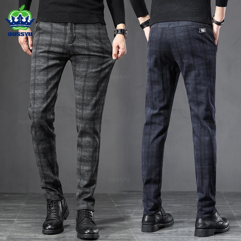 2025 New Spring Autumn England Plaid Work Stretch Pants Men Business Fashion Slim Grey Blue Casual Pant Male Brand Trousers 38.