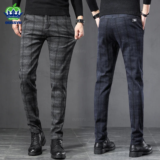 2025 New Spring Autumn England Plaid Work Stretch Pants Men Business Fashion Slim Grey Blue Casual Pant Male Brand Trousers 38.