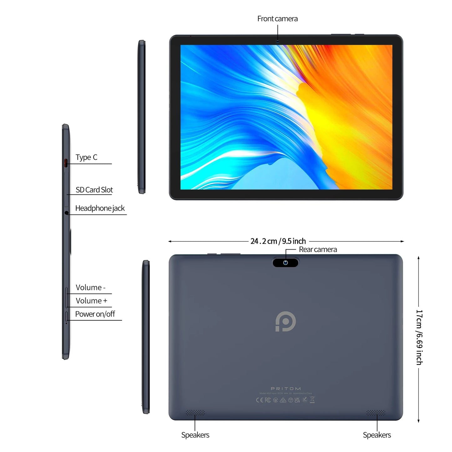 PRITOM 10.1 Inch Tablet PC Android 13 4GB(2+2 VIRTUAL)) 64 GB Quad Core Bluetooth WiFi with 3G SIM card Slot.